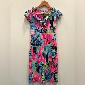Lilly Pulitzer Tropical Floral Ruffle Neck Dress in Navy, Pink, Blue, Green